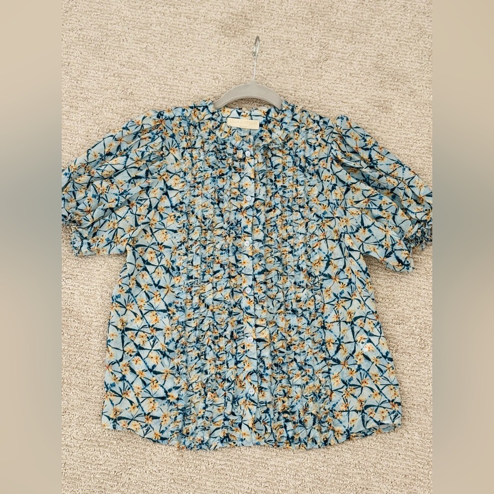 Ulla Johnson Adira Silk Puff Sleeve Button Top Blue Floral Print Poplin Size 0 - Picture 5 of 10